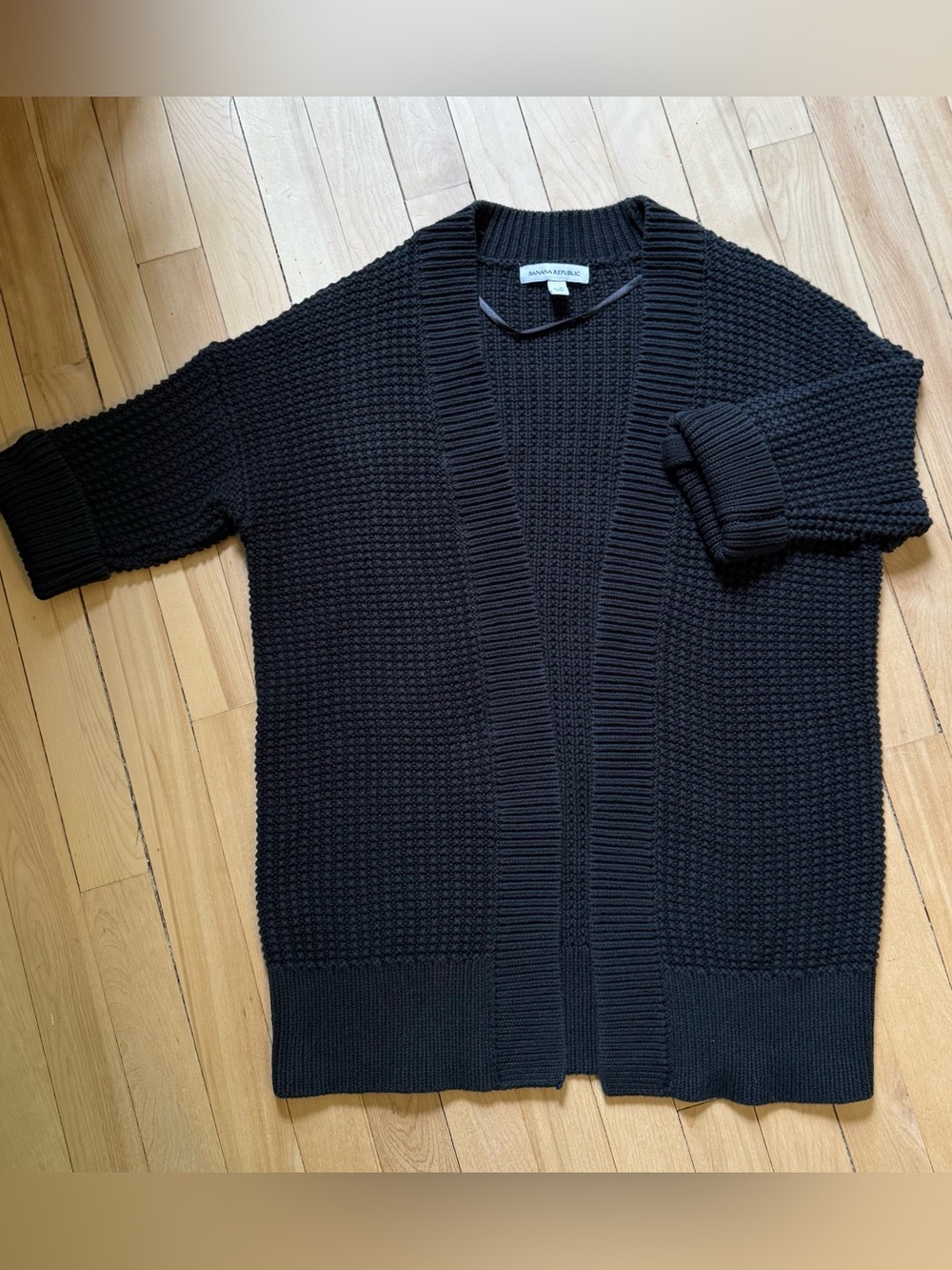 Banana Republic womens Black Chunky Knit  half sleeve Open-Front Cardigan
